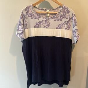 HoneyMe Medium Purple Colorblock Damask Print Short‎ Sleeve Top